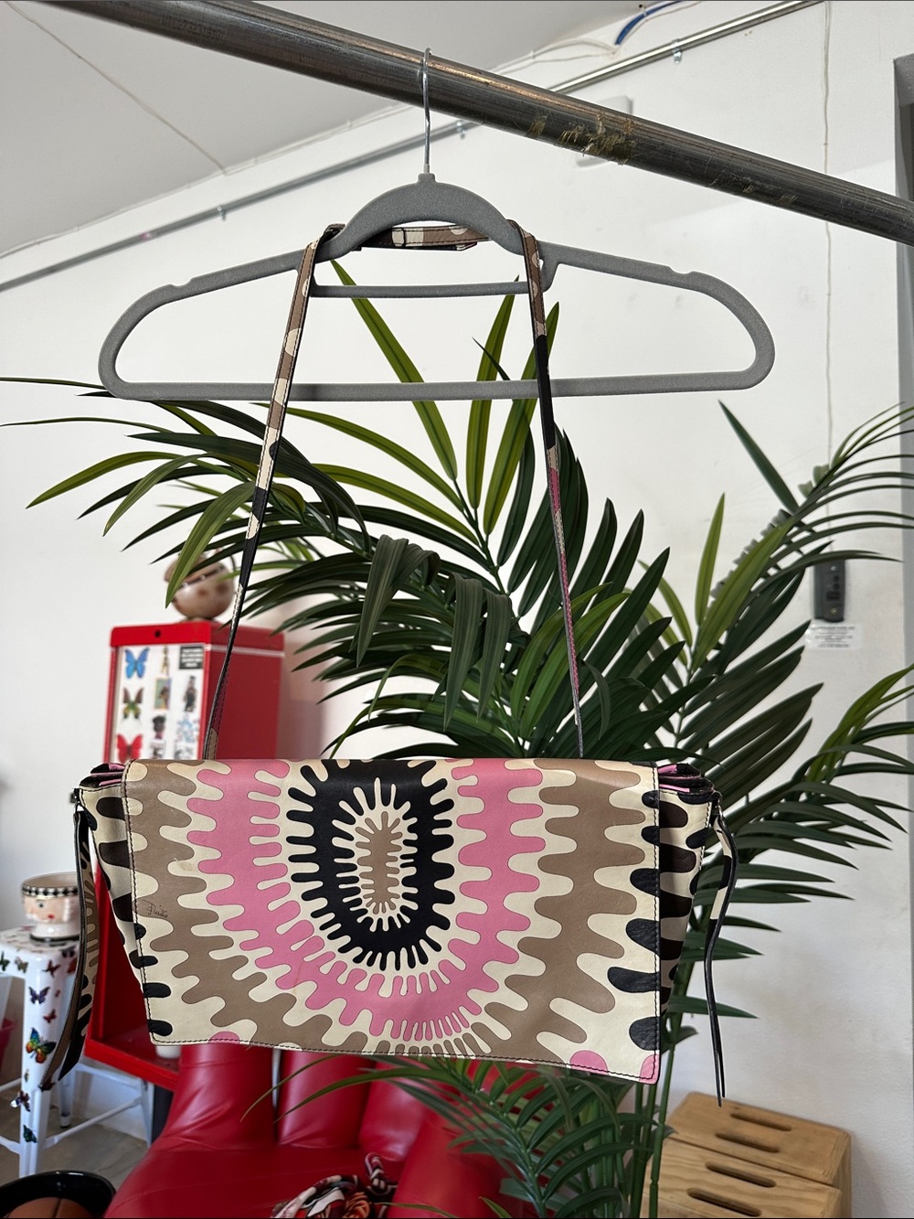 Pink and Beige Patterned Shoulder Bag